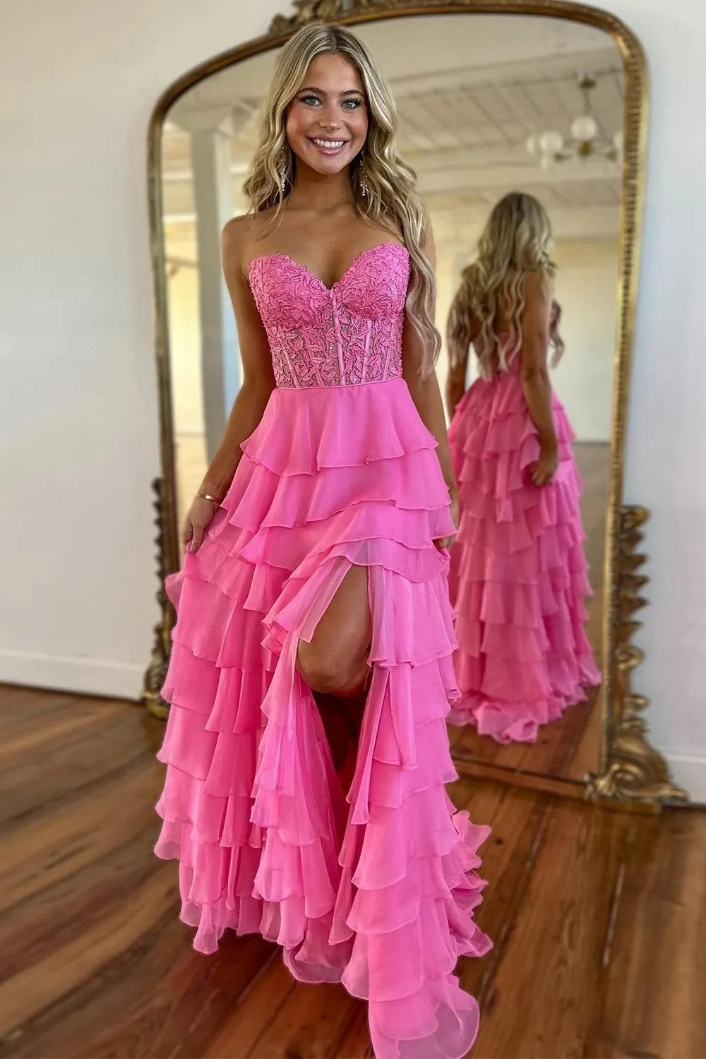 Cute Light Blue A-Line Sweetheart Lace Up Long Tiered Chiffon Prom Dress with Slit
