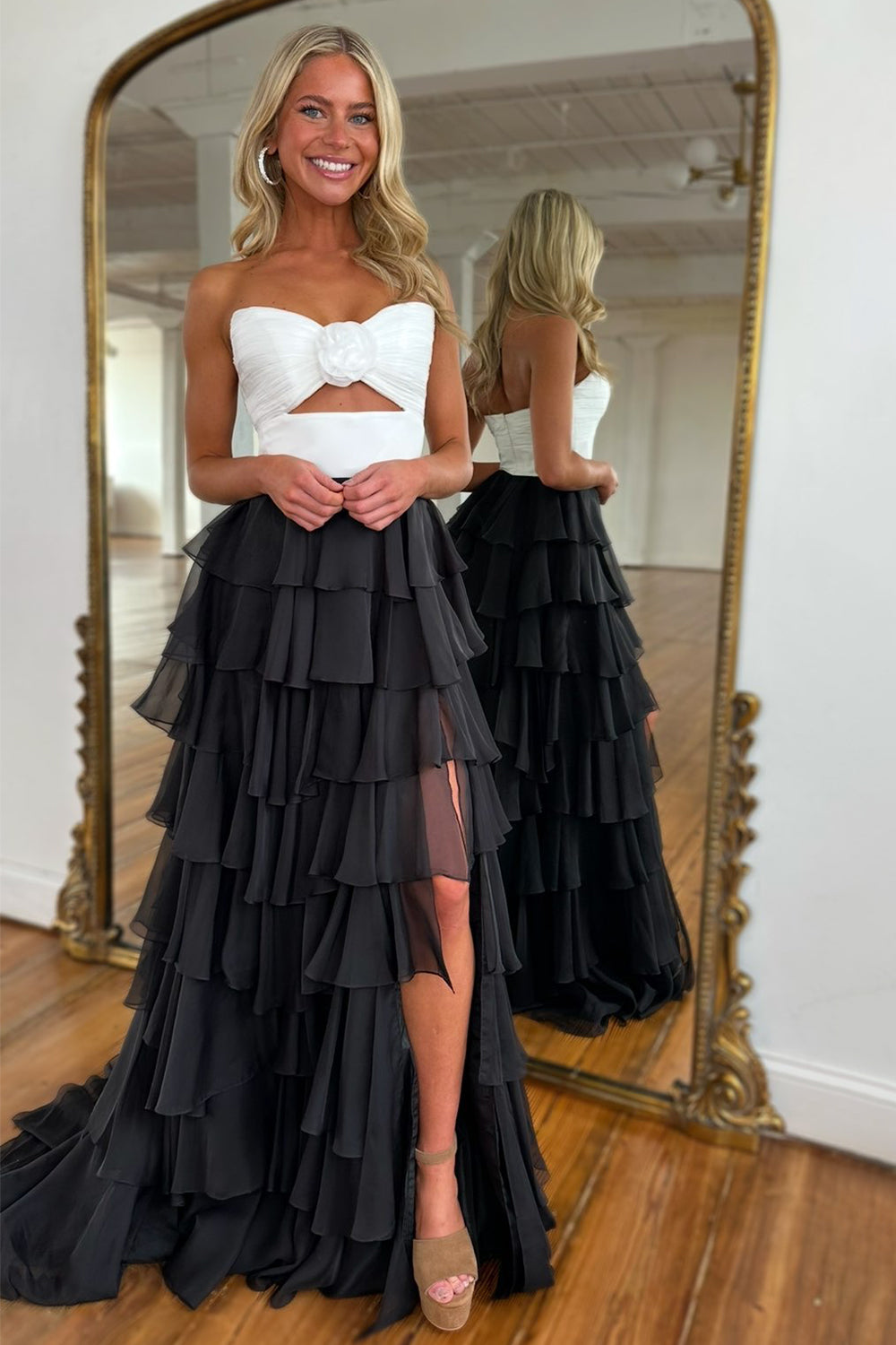 Lovely Pink Strapless A-Line  Long Ruffle Chiffon Skirt Prom Dress with Slit