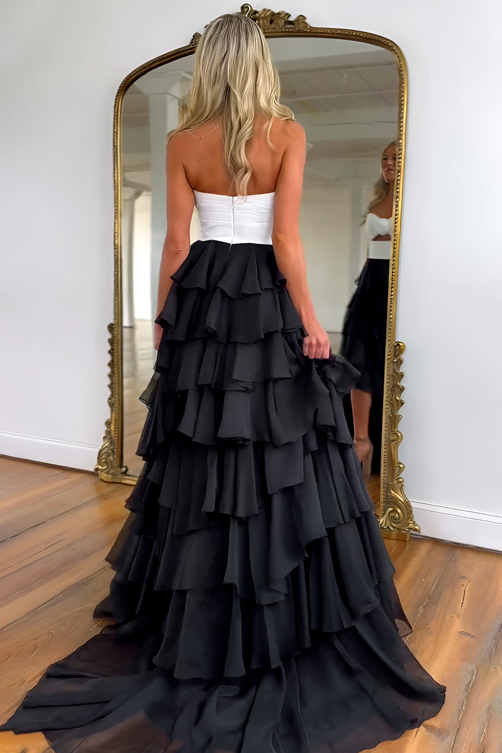 Lovely Pink Strapless A-Line  Long Ruffle Chiffon Skirt Prom Dress with Slit