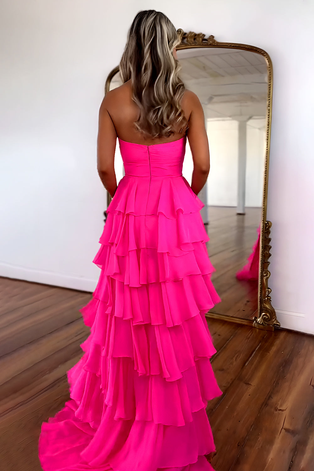 Lovely Pink Strapless A-Line  Long Ruffle Chiffon Skirt Prom Dress with Slit