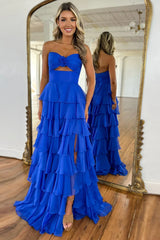 Lovely Pink Strapless A-Line  Long Ruffle Chiffon Skirt Prom Dress with Slit