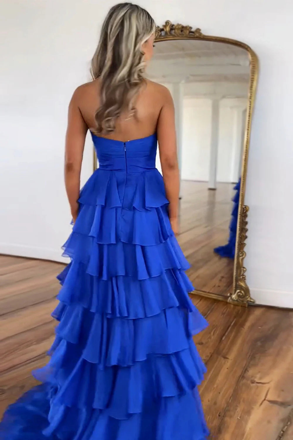 Lovely Pink Strapless A-Line  Long Ruffle Chiffon Skirt Prom Dress with Slit