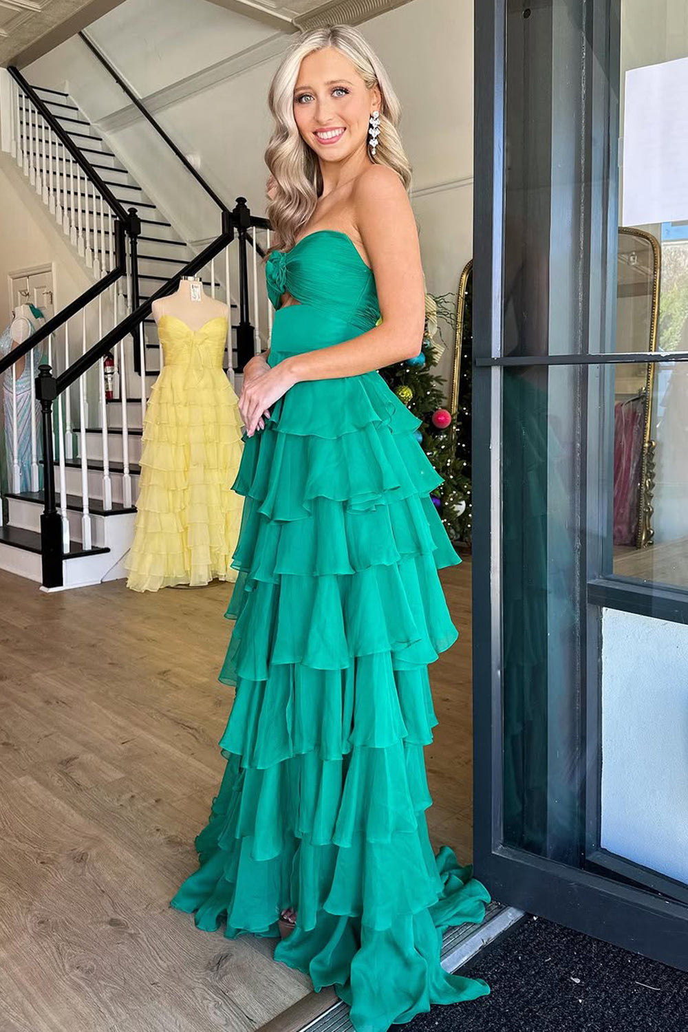 Lovely Pink Strapless A-Line  Long Ruffle Chiffon Skirt Prom Dress with Slit