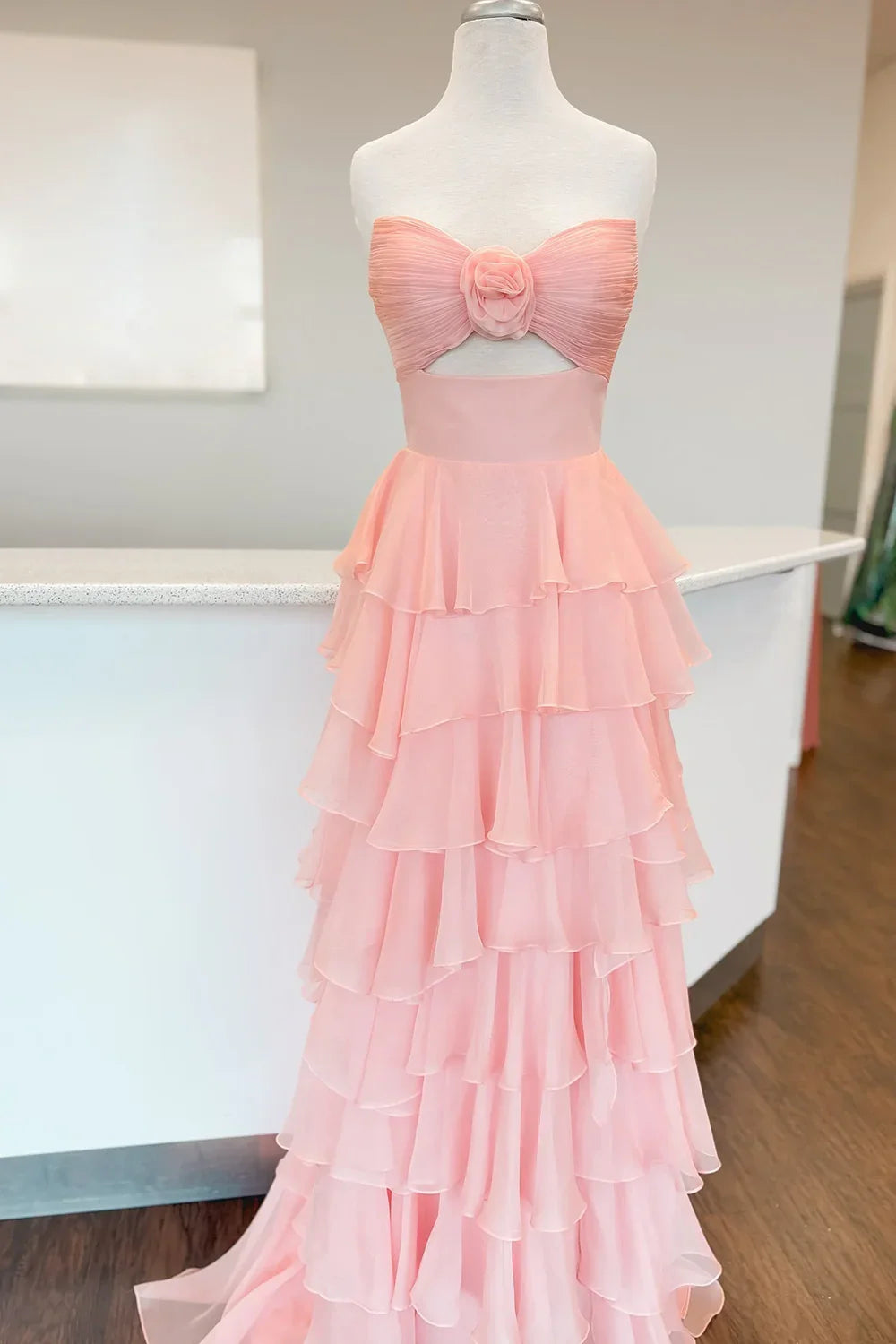 Lovely Pink Strapless A-Line  Long Ruffle Chiffon Skirt Prom Dress with Slit
