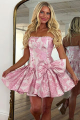 Cute Pink Floral Jacquard Mini Homecoming Dress with Statement Bow