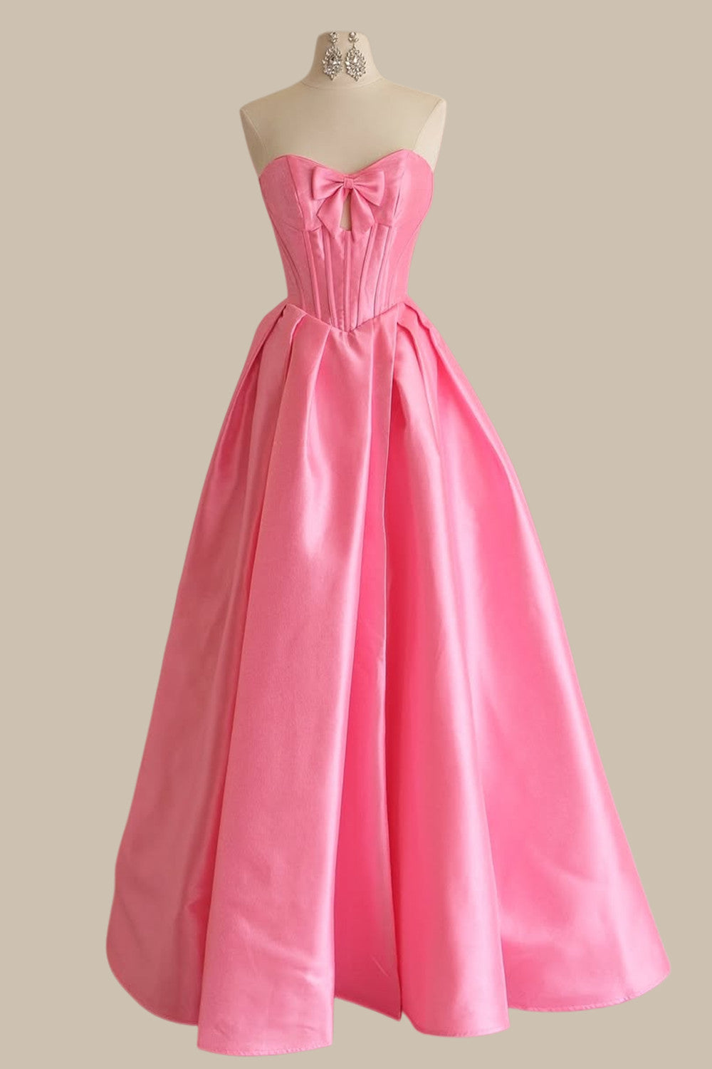 Cute Pink Strapless Evening Dress with Bow Decor and Ruched Corset Bodice