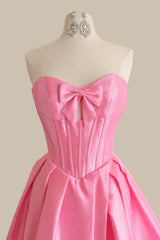 Cute Pink Strapless Evening Dress with Bow Decor and Ruched Corset Bodice