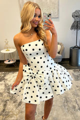 Cute Polka Dot Homecoming Dress with Statement Bow and Flared Mini Skirt
