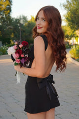 Cute Sheath Square Neck Black Satin Homecoming Dress with Bowknot