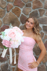 Cute Sheath Strapless Light Pink Short Homecoming Dress with Criss Cross Back
