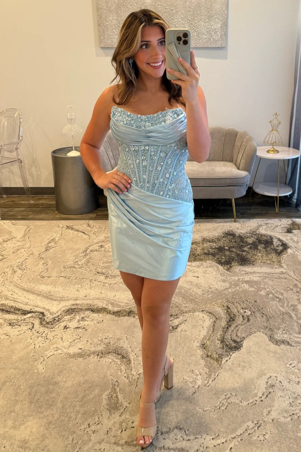 Cute Strapless Bodycon Lace Top Short Tight Satin Homecoming Dress