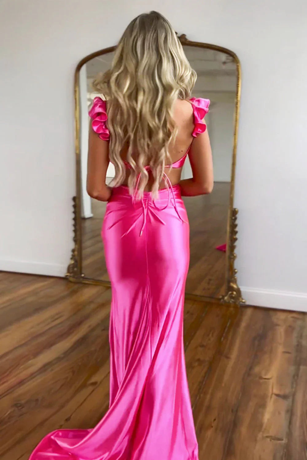 Cute Stylish Mermaid Satin Prom Dress with Waist Hollow Design Long Silhouette and Floral Accent