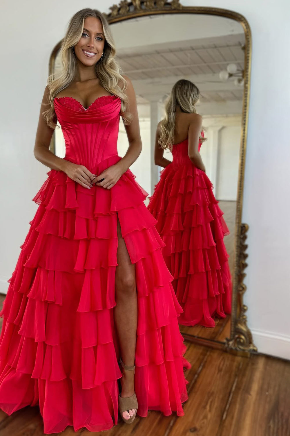 Furlla Woman Pretty Sweetheart A-Line Satin Top Long Layered Chiffon Prom Dress with Slit Furlla Official Furlla Woman Pretty Sweetheart A-Line Satin Top Long Layered Chiffon Prom Dress with Slit Furlla Official