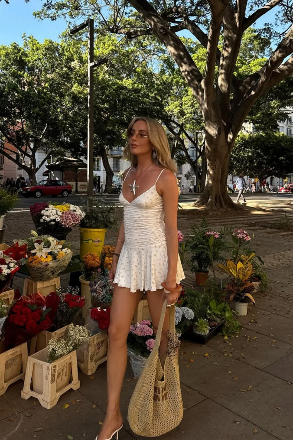 Cute V Neck Ruched White Floral Print Spaghetti Strap Homecoming Dress
