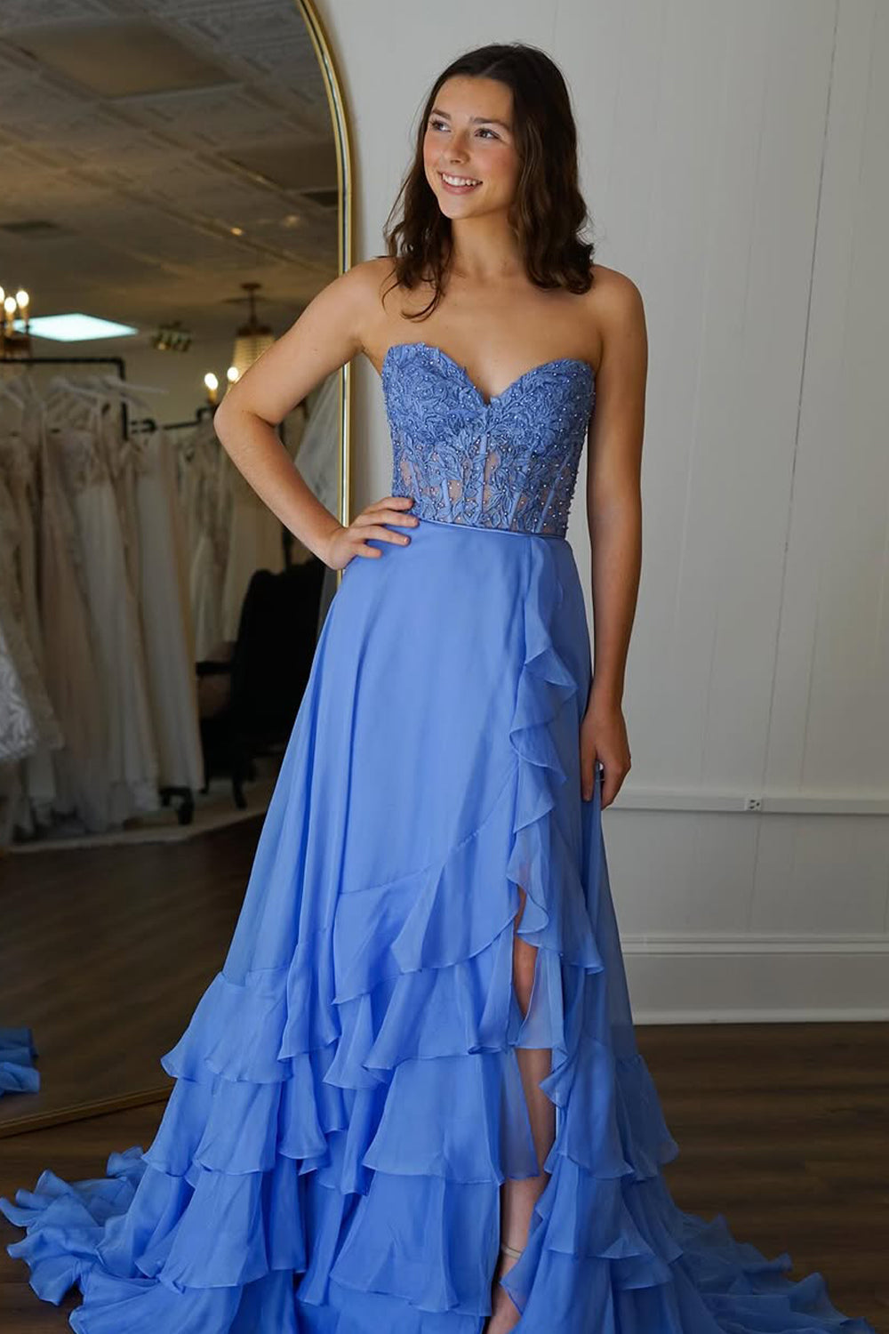 Chic Yellow A-Line Sweetheart Lace Top Long Chiffon Prom Dress With Ruffle Skirt