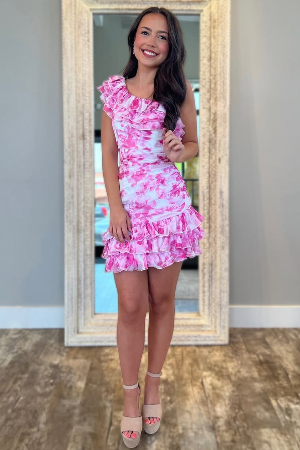Cute One Shoulder Short Tight Print Homecoming Dress with Ruffle