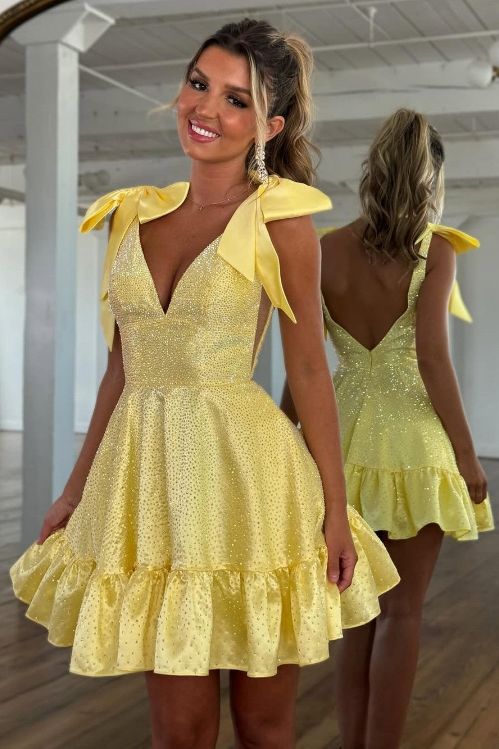 Furlla Women Cute A-Line V-Neck Short Beaded Homecoming Dress with Shoulder Bowknots Furlla Official Furlla Women Cute A-Line V-Neck Short Beaded Homecoming Dress with Shoulder Bowknots Furlla Official