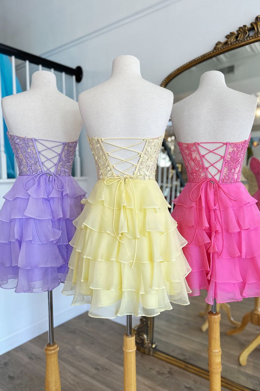 Cute Lilac A-Line Silhouette with Sweetheart Neck and Tiered Lace Top Homecoming Dress