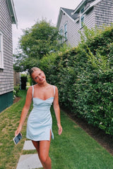 Cute Sheath Spaghetti Straps Light Blue Satin Short Homecoming Dress with Slit