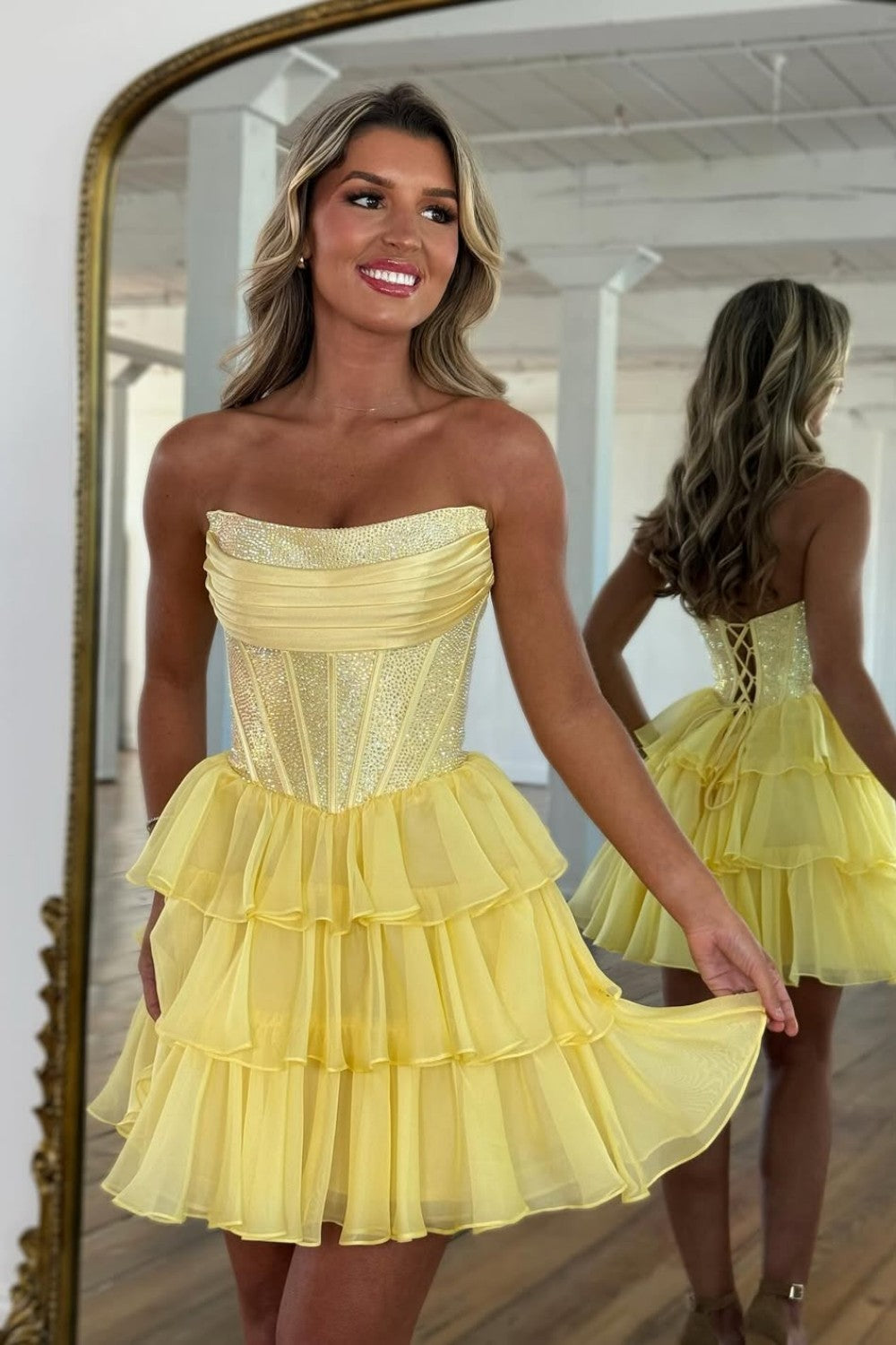 Furlla Women Cute Yellow A-Line Strapless Beaded Top Tiered Chiffon Skirt Homecoming Dress Furlla Official Furlla Women Cute Yellow A-Line Strapless Beaded Top Tiered Chiffon Skirt Homecoming Dress Furlla Official