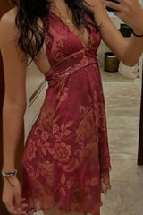 Dark Red Floral Halter A-Line Homecoming Dress with Deep V-Neck