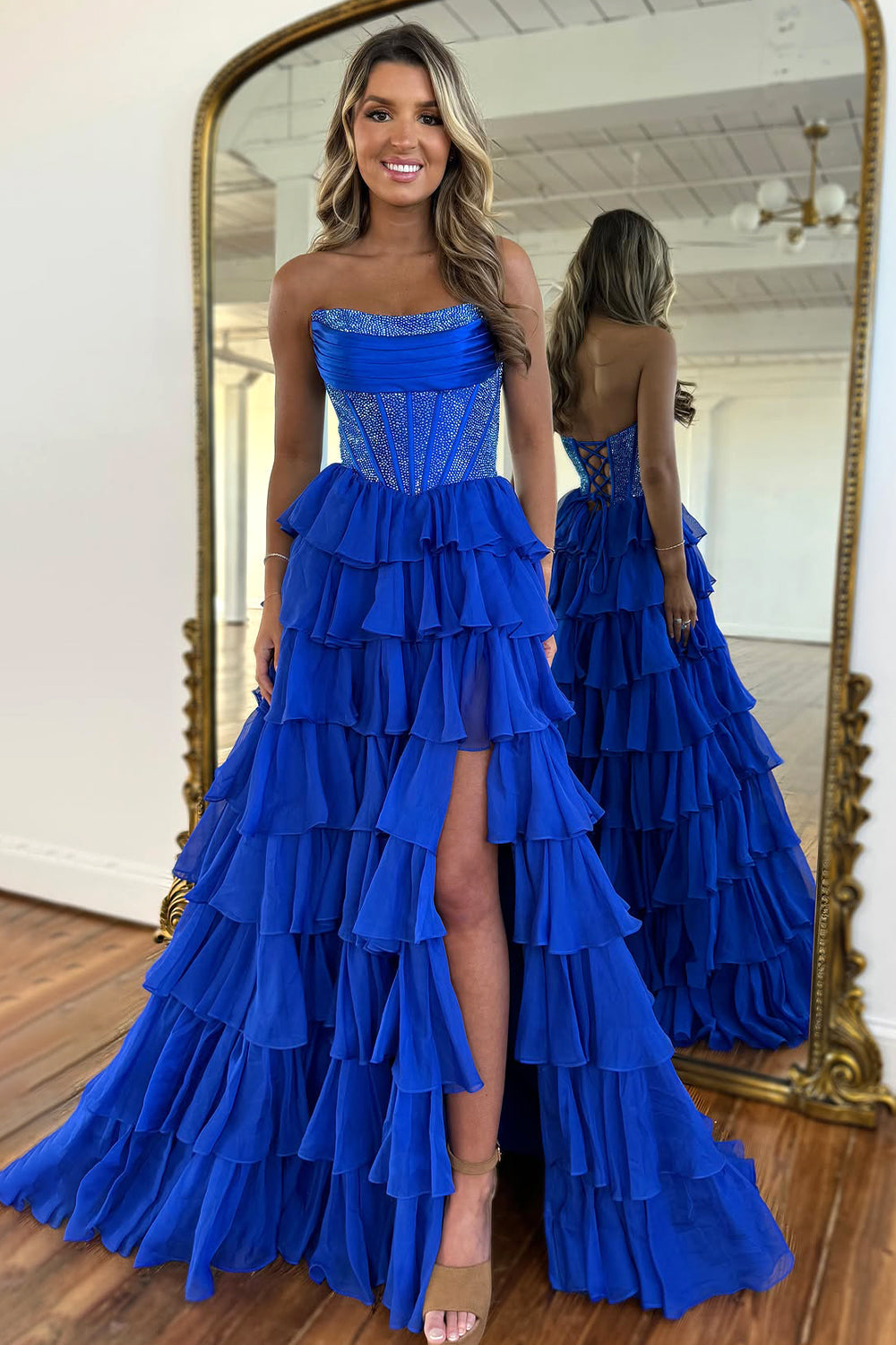 Furlla Women Dark Blue Strapless A Line Prom Dress with Sparkly Layered Chiffon and Side Slit Furlla Official Furlla Women Dark Blue Strapless A Line Prom Dress with Sparkly Layered Chiffon and Side Slit Furlla Official