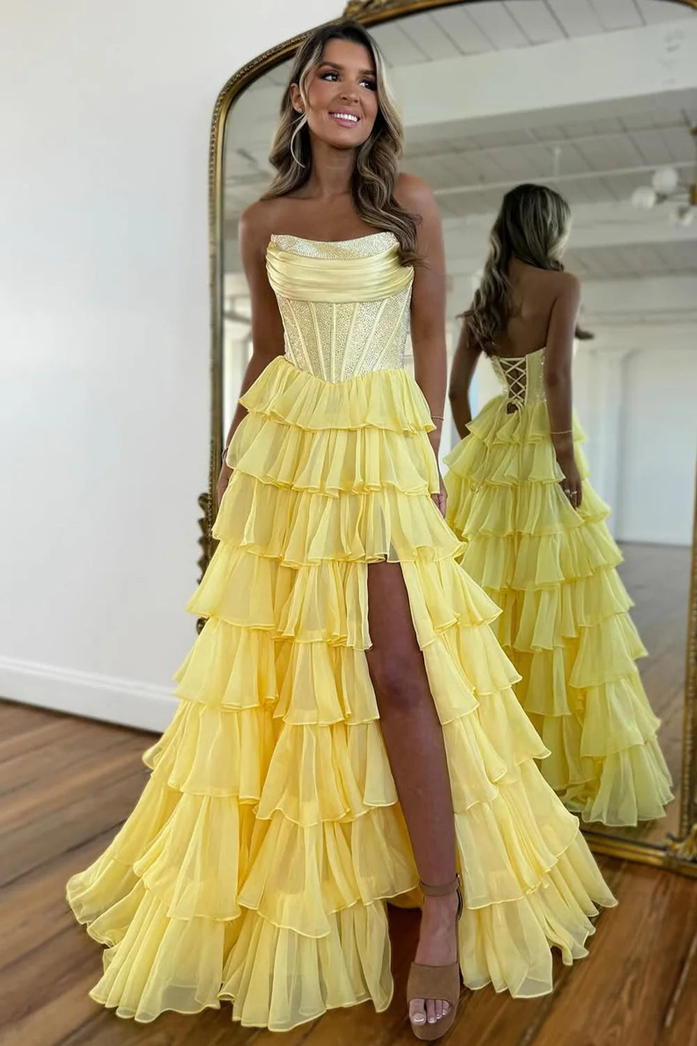 Yellow Strapless Corset A-Line Prom Dress with Layered Ruffle Skirt and Slit