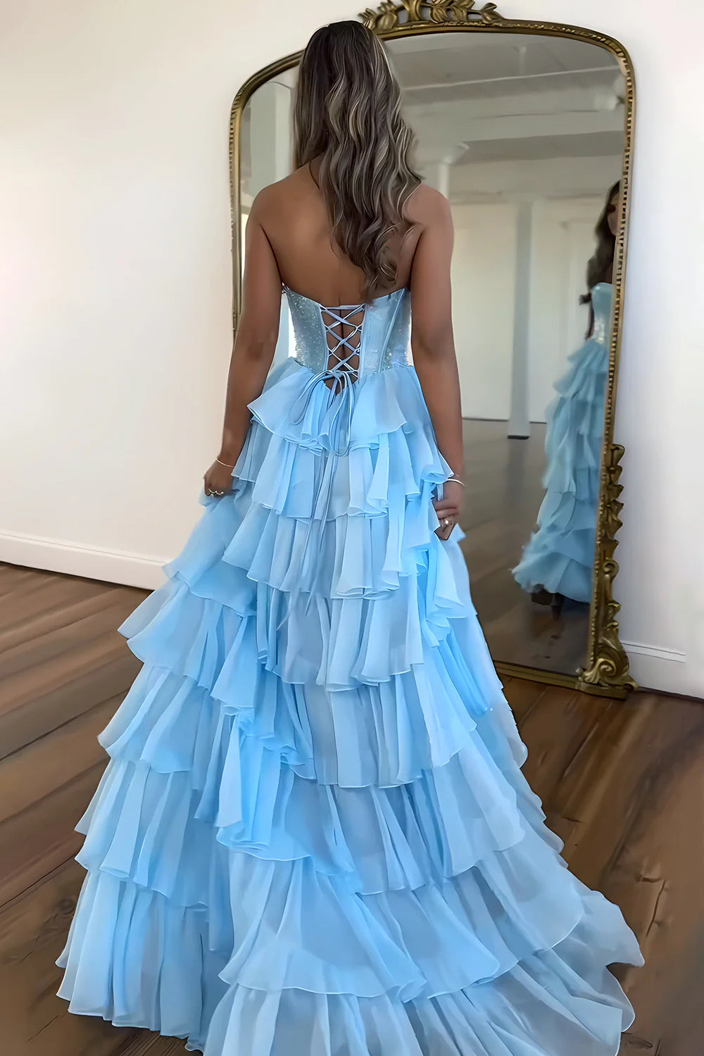 Dark Blue Strapless A Line Prom Dress with Sparkly Layered Chiffon and Side Slit