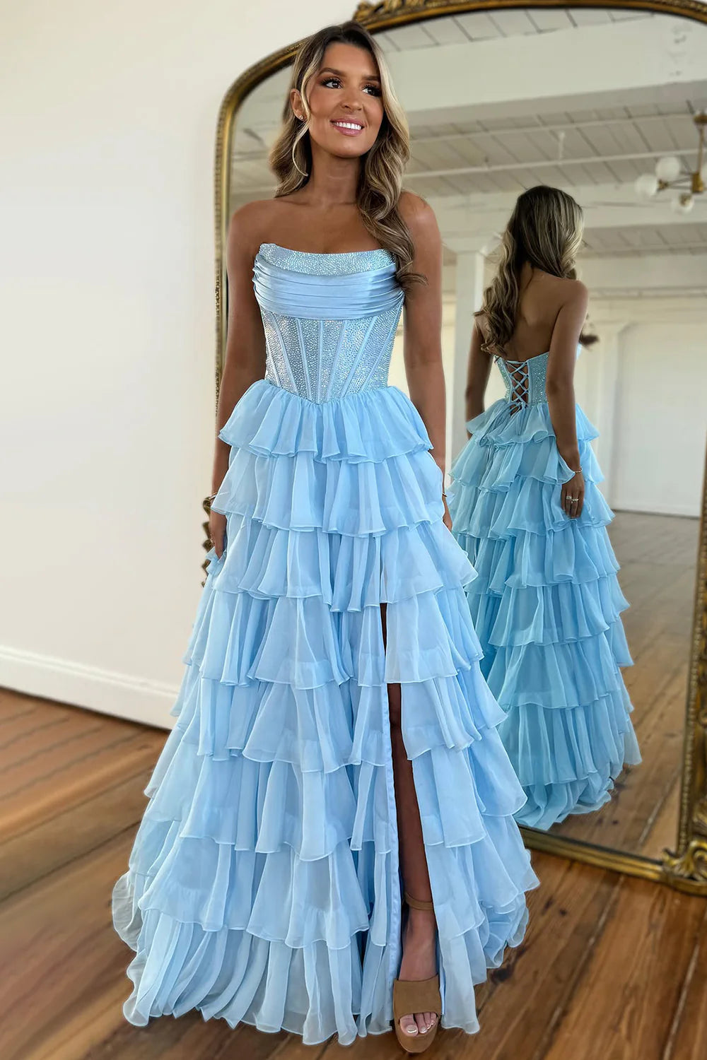 Dark Blue Strapless A Line Prom Dress with Sparkly Layered Chiffon and Side Slit