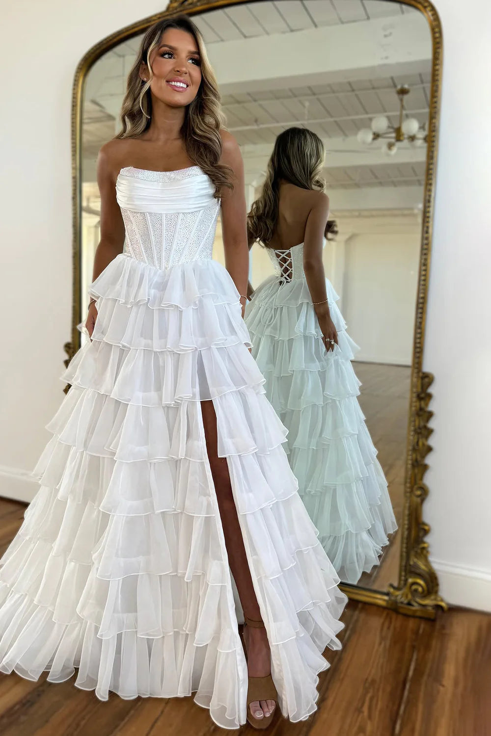 Dark Blue Strapless A Line Prom Dress with Sparkly Layered Chiffon and Side Slit