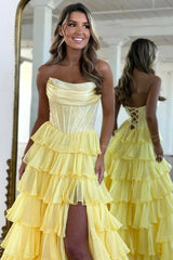 Yellow Strapless Corset A-Line Prom Dress with Layered Ruffle Skirt and Slit