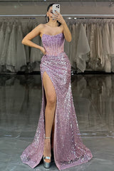 Dazzling Purple Sequin High-Slit Formal Dress with Structured Corset