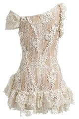 Designer-Inspired White Lace Mini Homecoming Dress with Floral Appliques