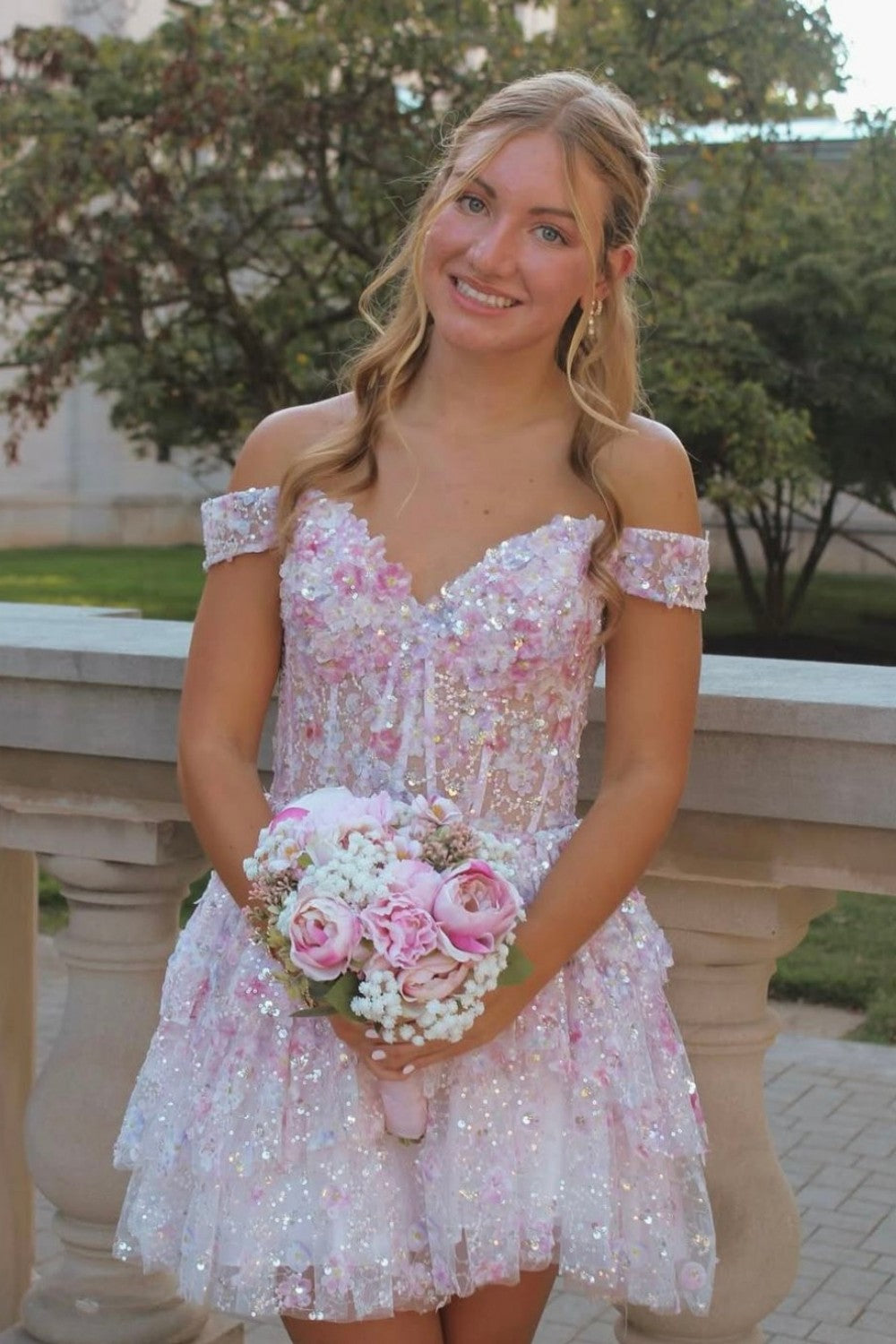 Dreamy A Line Short Homecoming Dress with 3D Floral Appliques and Sparkle Detail