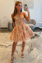 Dreamy Floral Tulle Homecoming Dress with Corset Bodice and A-Line Skirt
