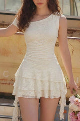 Dreamy Ivory Lace Homecoming Dress with Soft Layered Ruffles