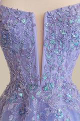 Dreamy Lavender Spaghetti Straps Appliqued Tulle A Line Prom Dress
