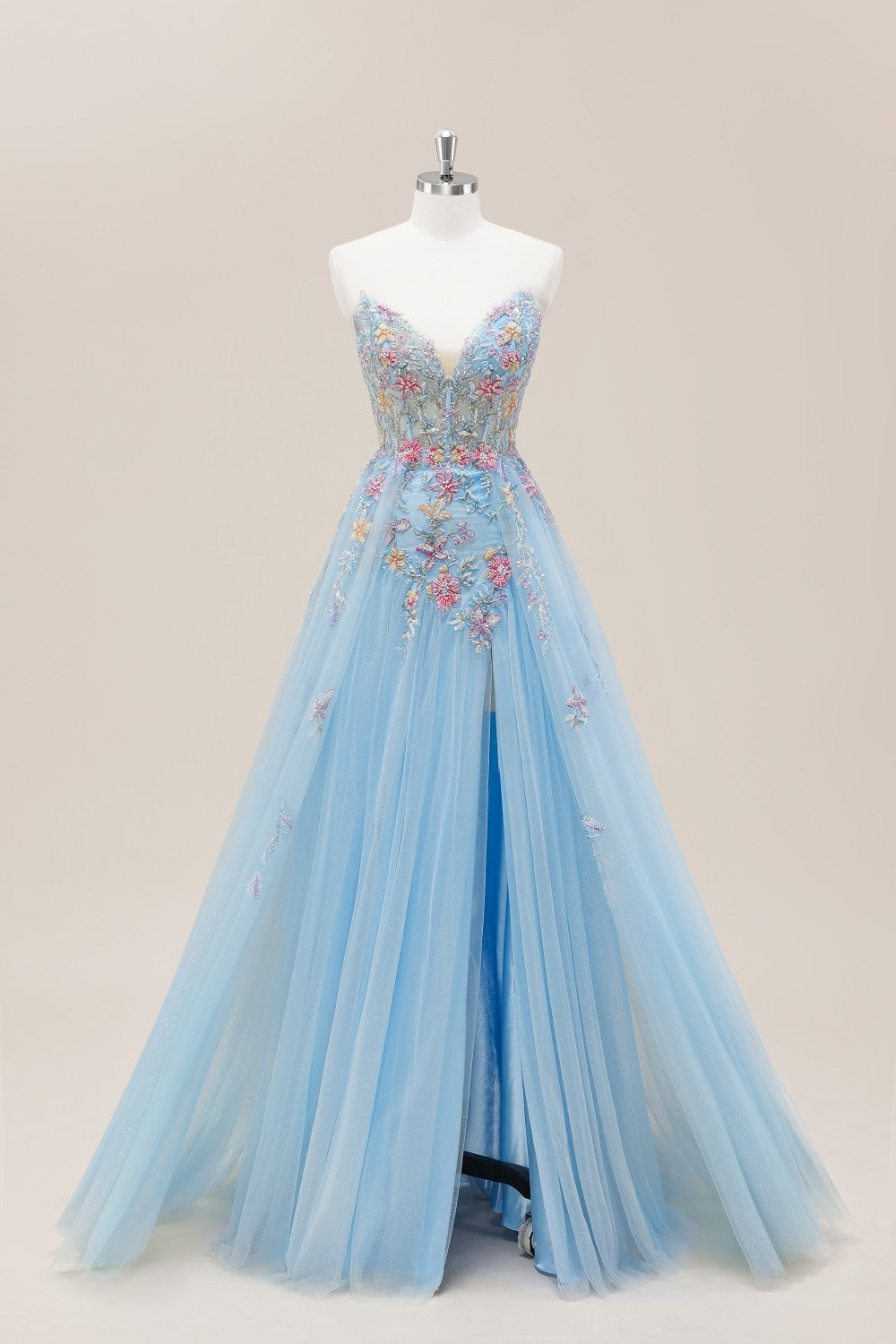 Light Blue V-Neck Formal Gown with Floral Corset Bodice and Dreamy Tulle Train