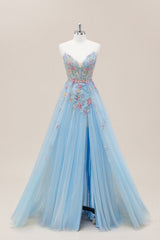 Light Blue V-Neck Formal Gown with Floral Corset Bodice and Dreamy Tulle Train