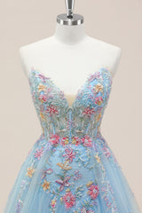 Light Blue V-Neck Formal Gown with Floral Corset Bodice and Dreamy Tulle Train