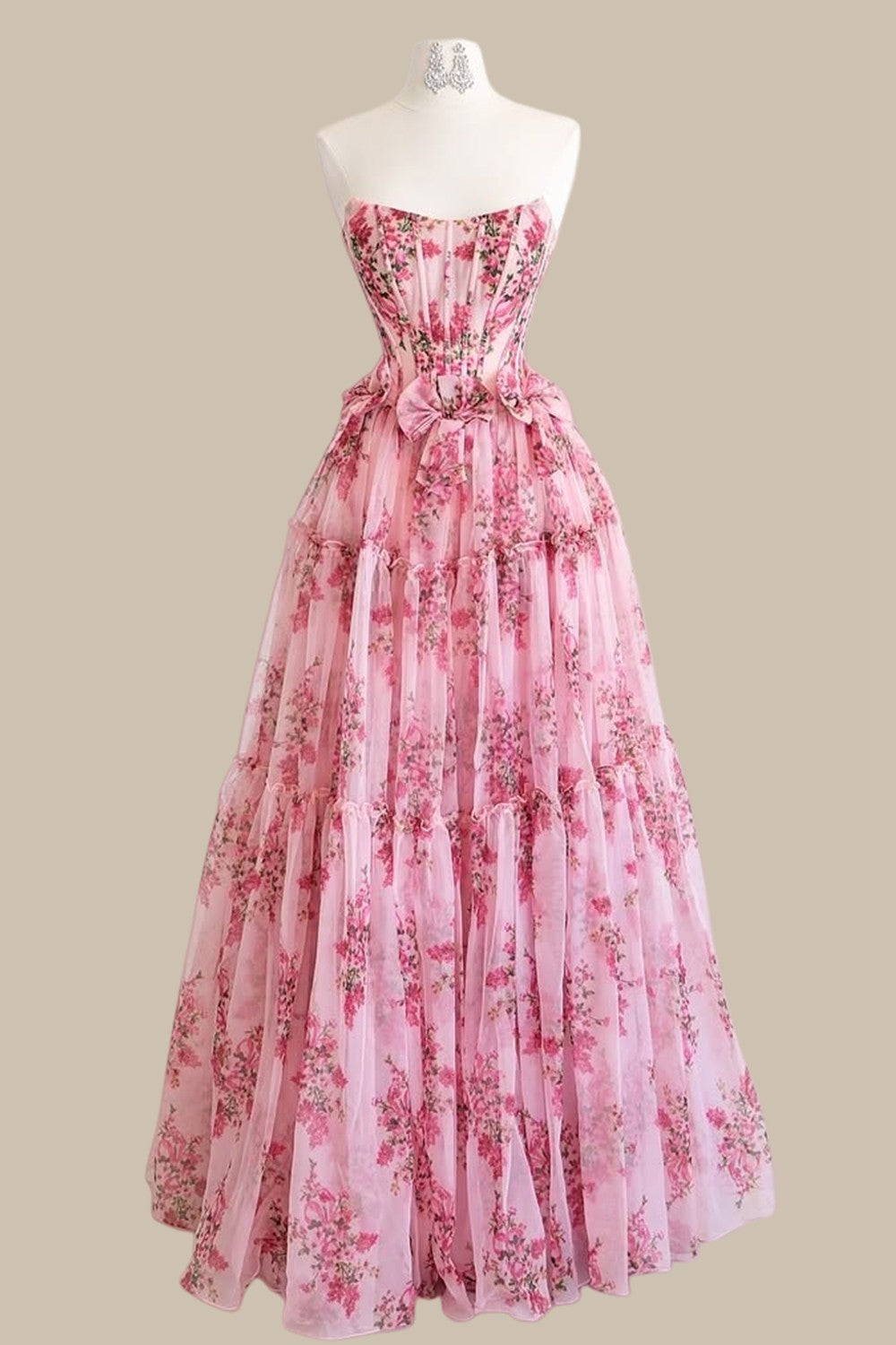Dreamy Pink Floral A-Line Strapless Formal Prom Gown with Bow Waist