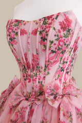 Dreamy Pink Floral A-Line Strapless Formal Prom Gown with Bow Waist
