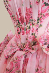 Dreamy Pink Floral A-Line Strapless Formal Prom Gown with Bow Waist
