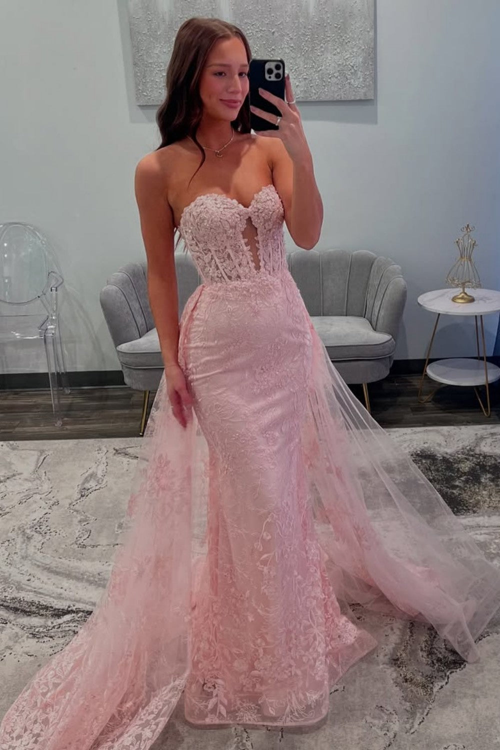 Dreamy Pink Mermaid Sweetheart Lace Prom Dress with Tulle Train