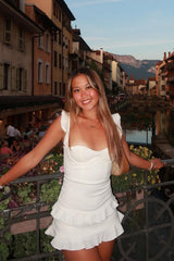 Dreamy White Mini Satin Homecoming Dress with Tiered Ruffles