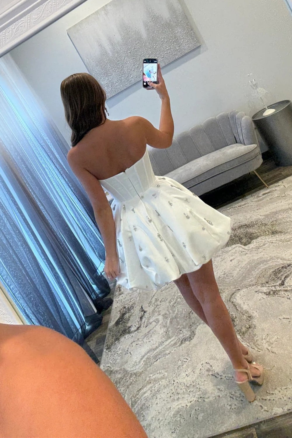 Dreamy A-Line Strapless Short Satin Homecoming Dress with Beading