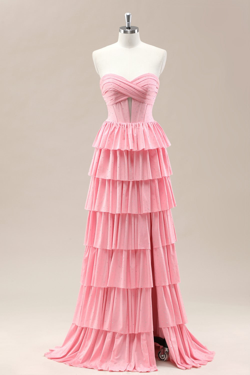 Dreamy Pink Sweetheart Gown with Cascading Layered Ruffles and Shimmering Details