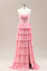 Dreamy Pink Sweetheart Gown with Cascading Layered Ruffles and Shimmering Details