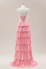 Dreamy Pink Sweetheart Gown with Cascading Layered Ruffles and Shimmering Details