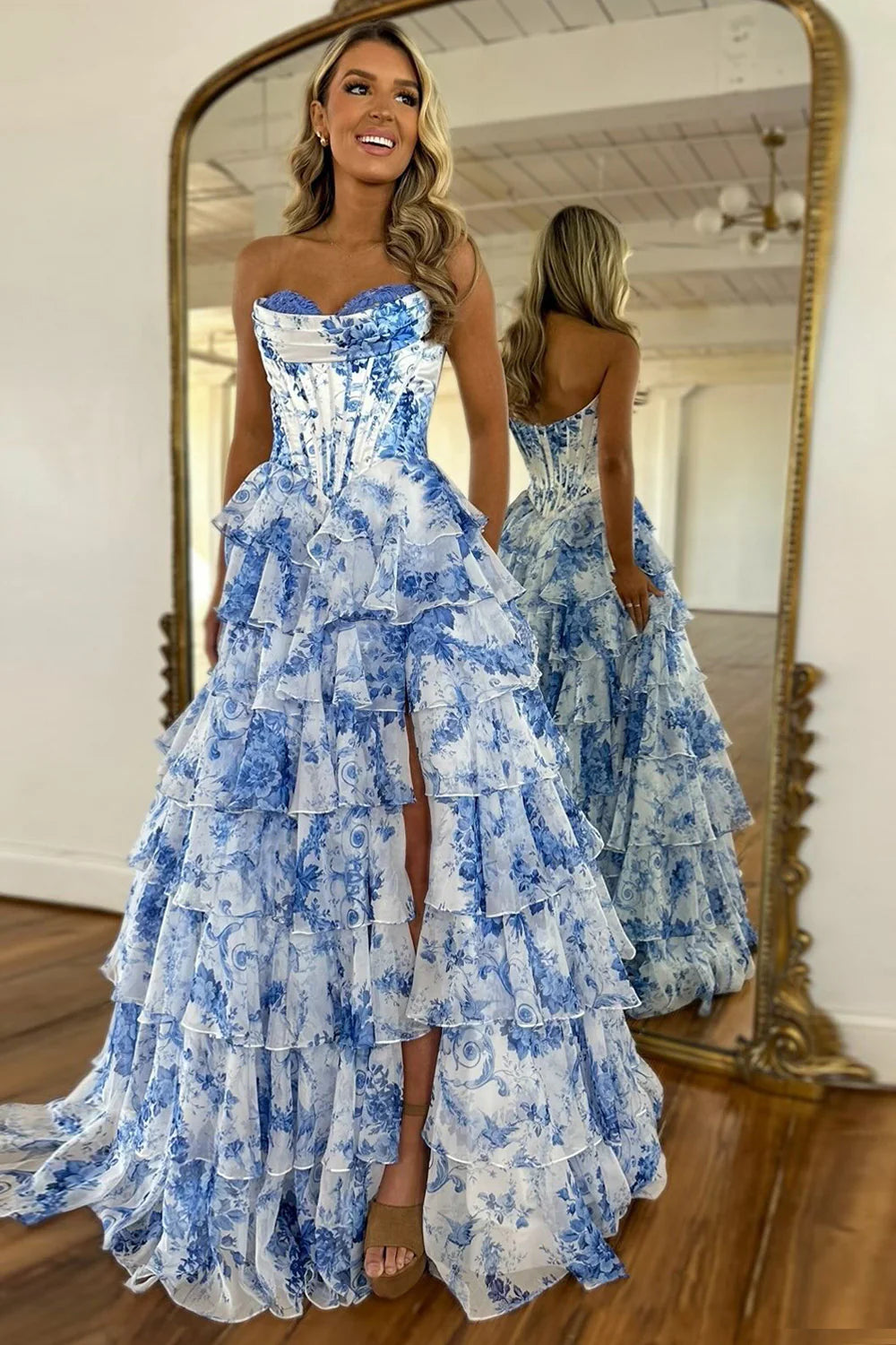Stunning Pink A-Line Sweetheart Satin Top Long Print Tulle Prom Dress with Slit